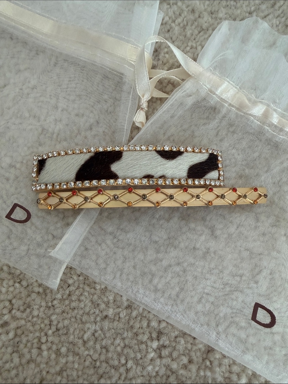 Cowhide & Crystal Barrette, gold narrow Barrett with colored stones
